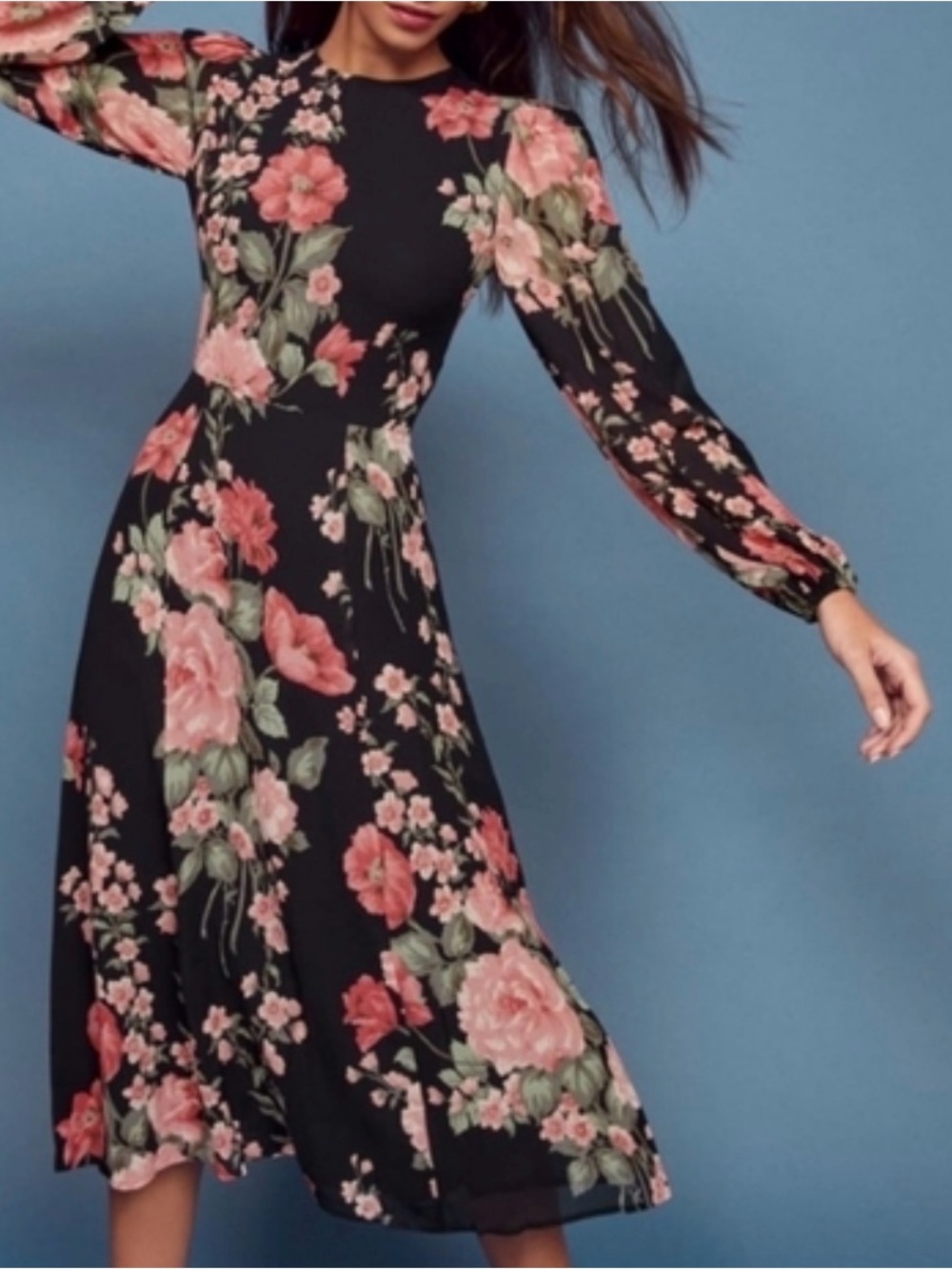 REFORMATION Louise Black Floral Print Puff Sleeve LUANNE Crepe Midi 12 - Picture 2 of 6
